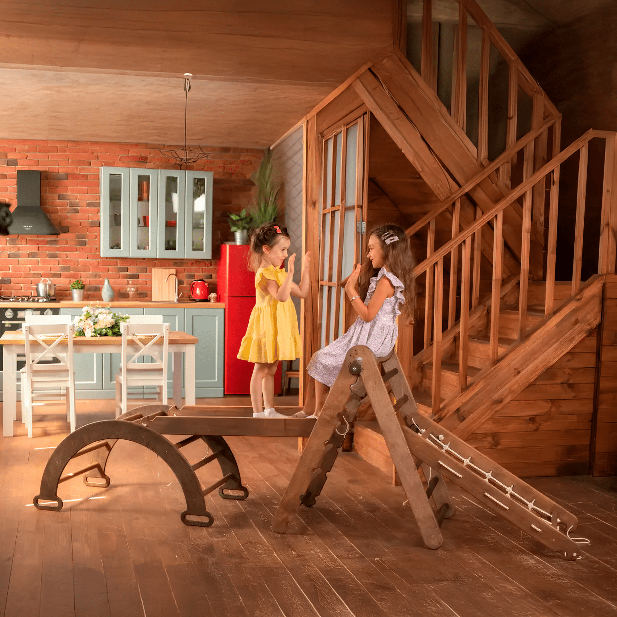 4 in 1 Montessori Climbing Set with Triangle, Slide, Arch and Net for Ages 1 to 7 in Beige