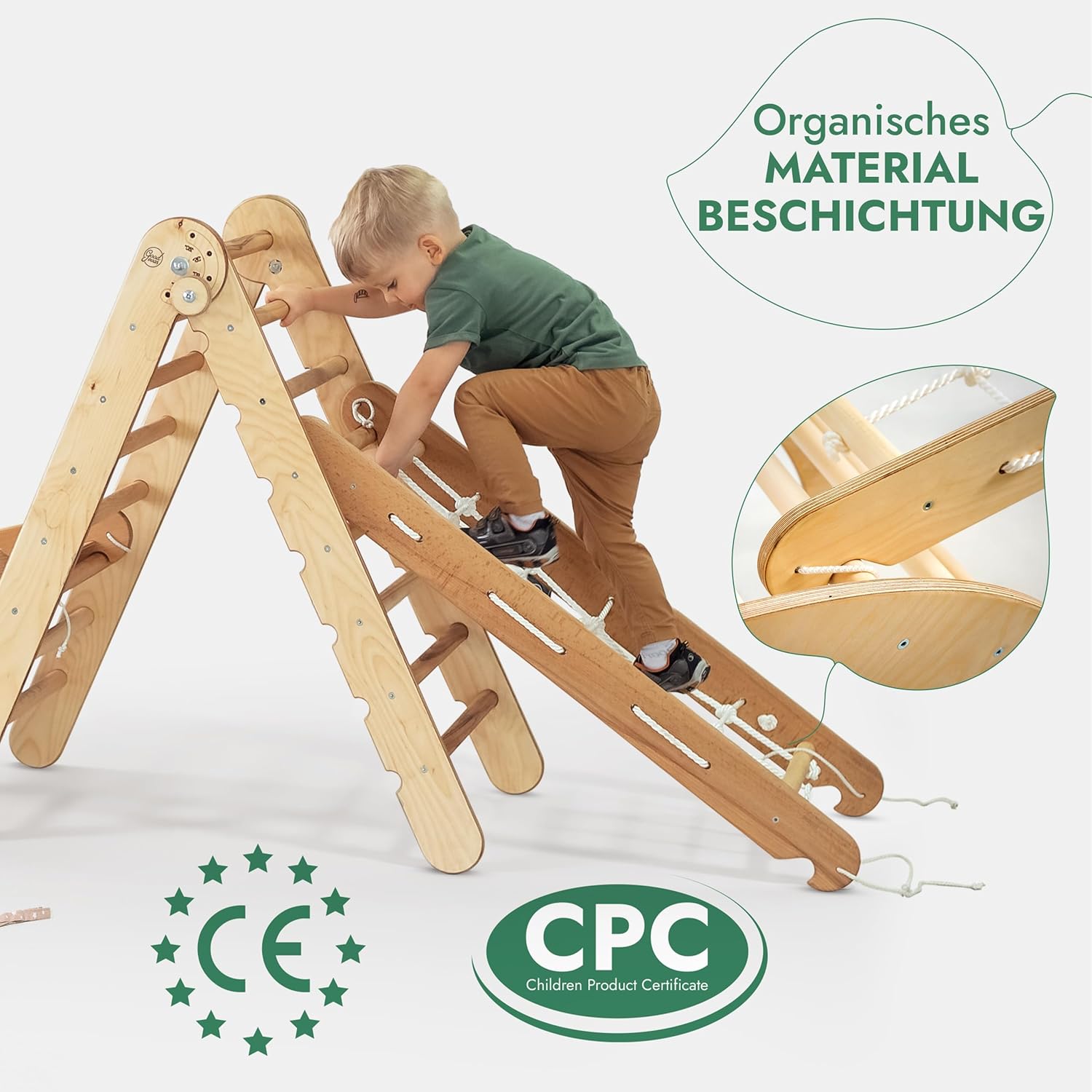 4 in 1 Montessori Climbing Set with Triangle, Slide, Arch and Net for Ages 1 to 7 in Beige