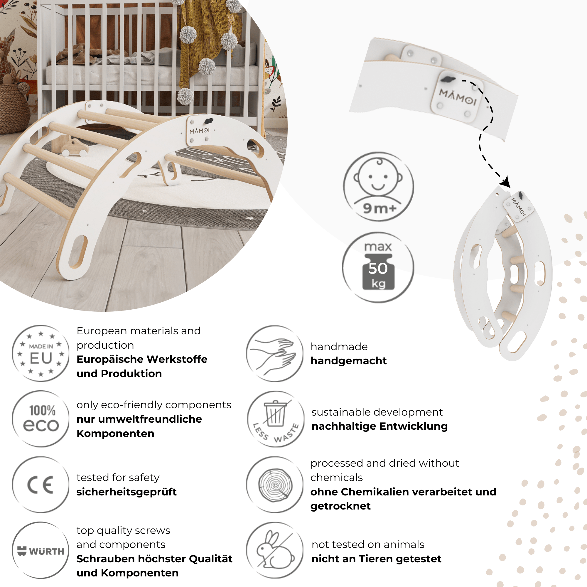 MAMOI® Kletterbogen, Kletterdreieck, Baby klettern, Regenbogenwippe aus holz, Holzbogen für Kinder, Spielplatz, Klettergerüst indoor ab 1 jahr 2/3 jahre, Montessori-3