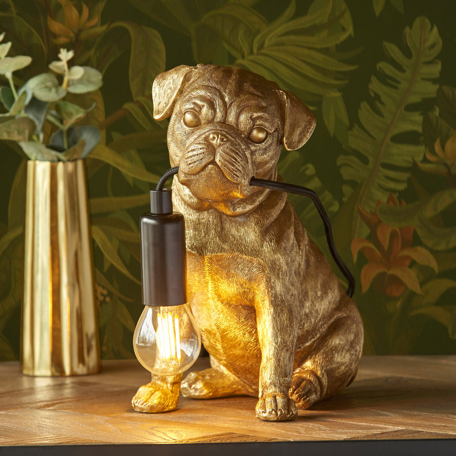 Pug puppy table lamp, vintage gold finish, high-quality resin details, stylish LED filament light, trending home decor by Ella James at brixbailey.com