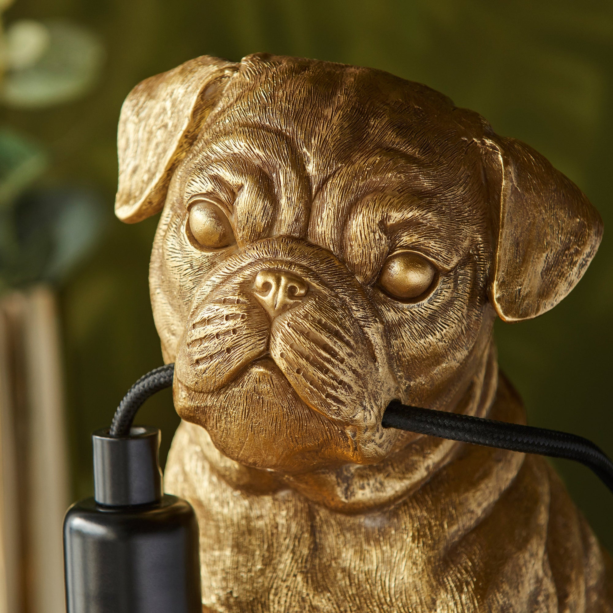 Premium pug puppy table lamp with vintage gold finish, high-quality resin details, stylish E14 LED filament light by Ella James at brixbailey.com