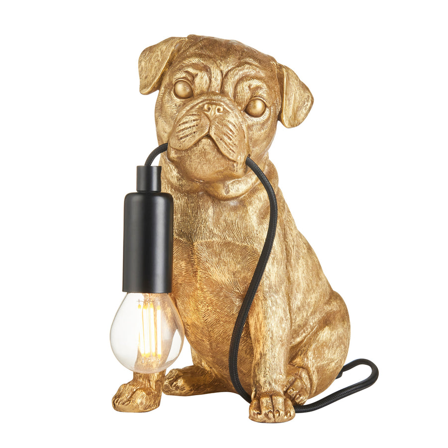 Premium pug puppy table lamp with vintage gold finish, high-quality resin details, stylish E14 LED filament light by Ella James at brixbailey.com