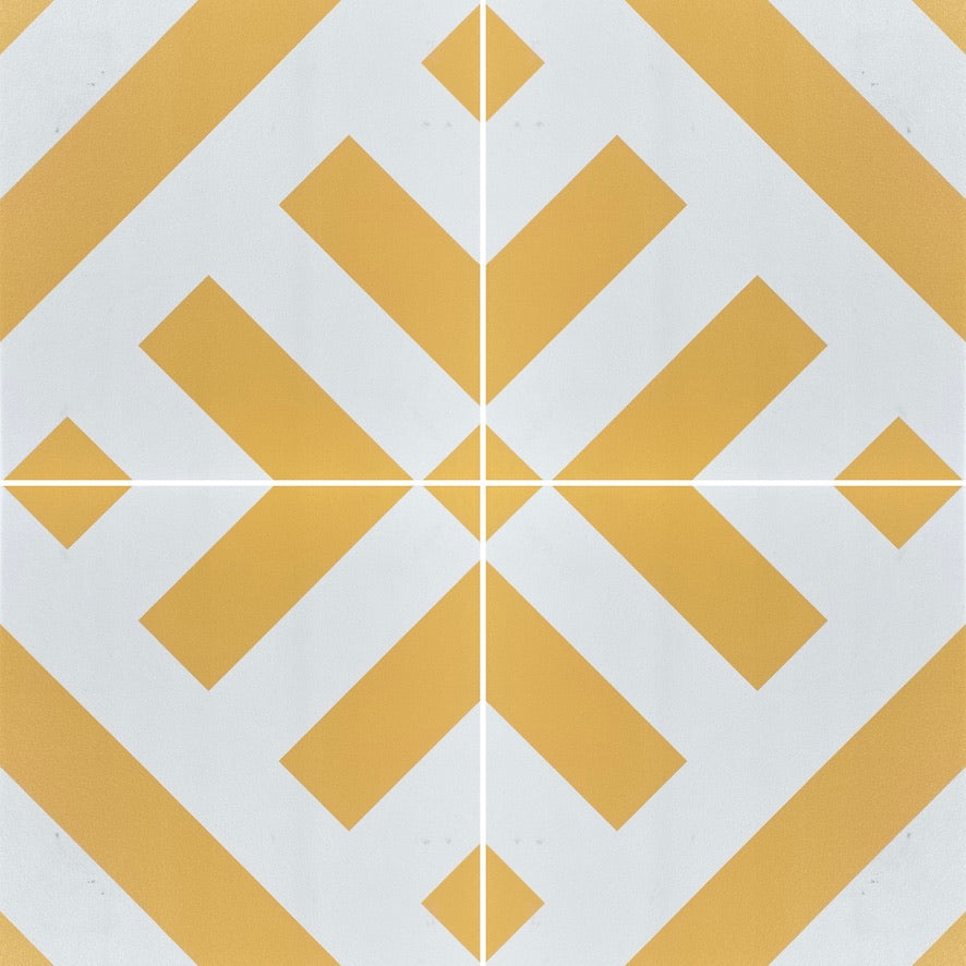Yellow Geometric Porcelain Tile, Premium Handcrafted Luxury Anti-Slip Outdoor Tile, Best-Selling Durable 20x20cm Yellow Ray Tile by Maria Starling Design at brixbailey.com