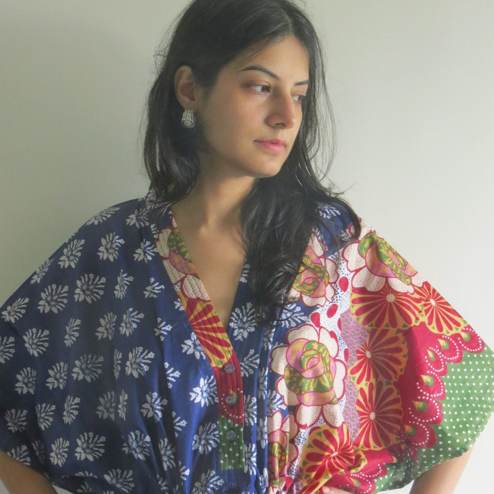 Blue Floral Bordered V-Neck Button Down to Waist, Ankle Length, Cinched Waist Caftan-1