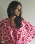 Coral Chevron Dots V-Neck Button Down to Waist, Knee Length, Cinched Waist Caftan