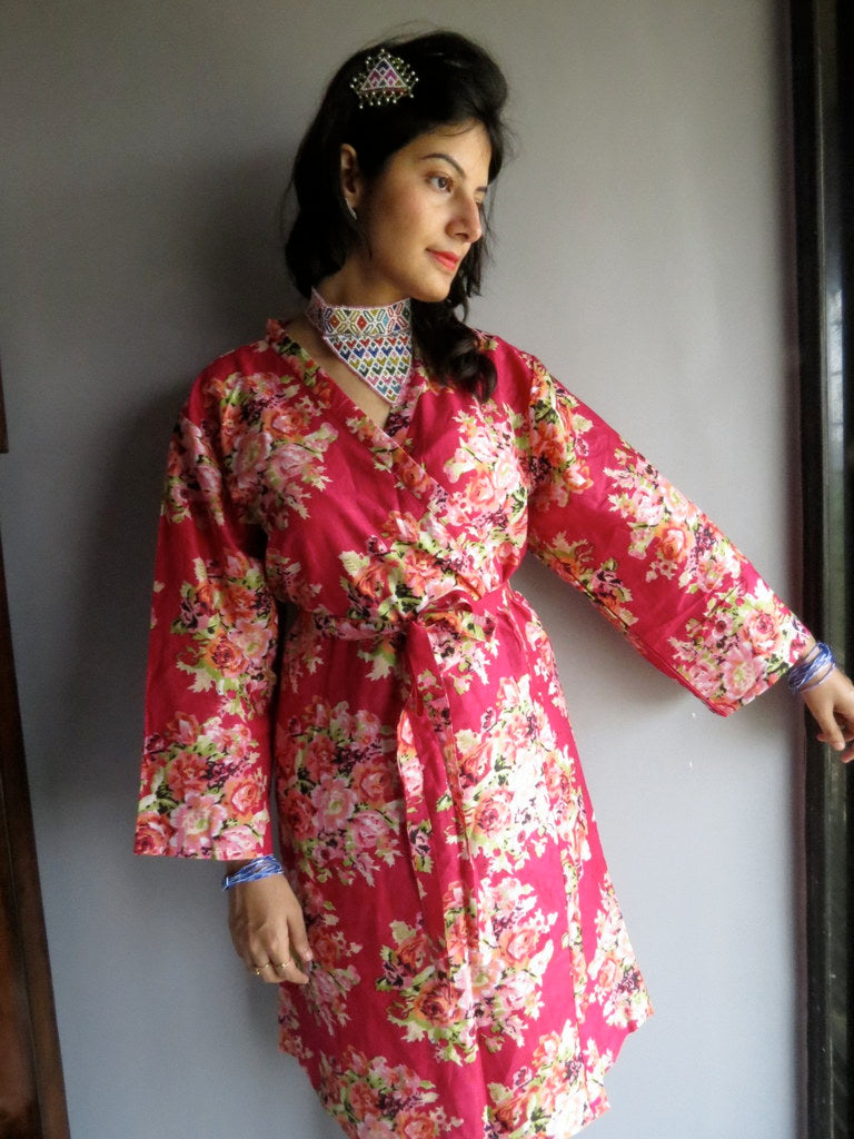 Magenta Floral Knee Length, Kimono Crossover Belted Robe-C5 fabric Code-1