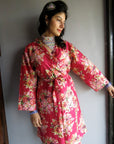 Magenta Floral Knee Length, Kimono Crossover Belted Robe-C5 fabric Code-1