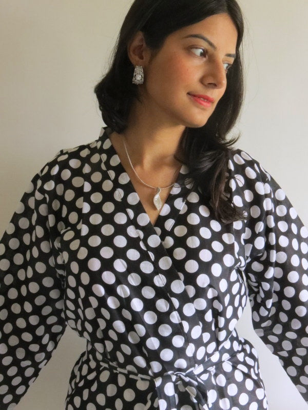 Black Polka Dots Knee Length, Kimono Crossover Belted Robe-1