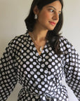 Black Polka Dots Knee Length, Kimono Crossover Belted Robe-1