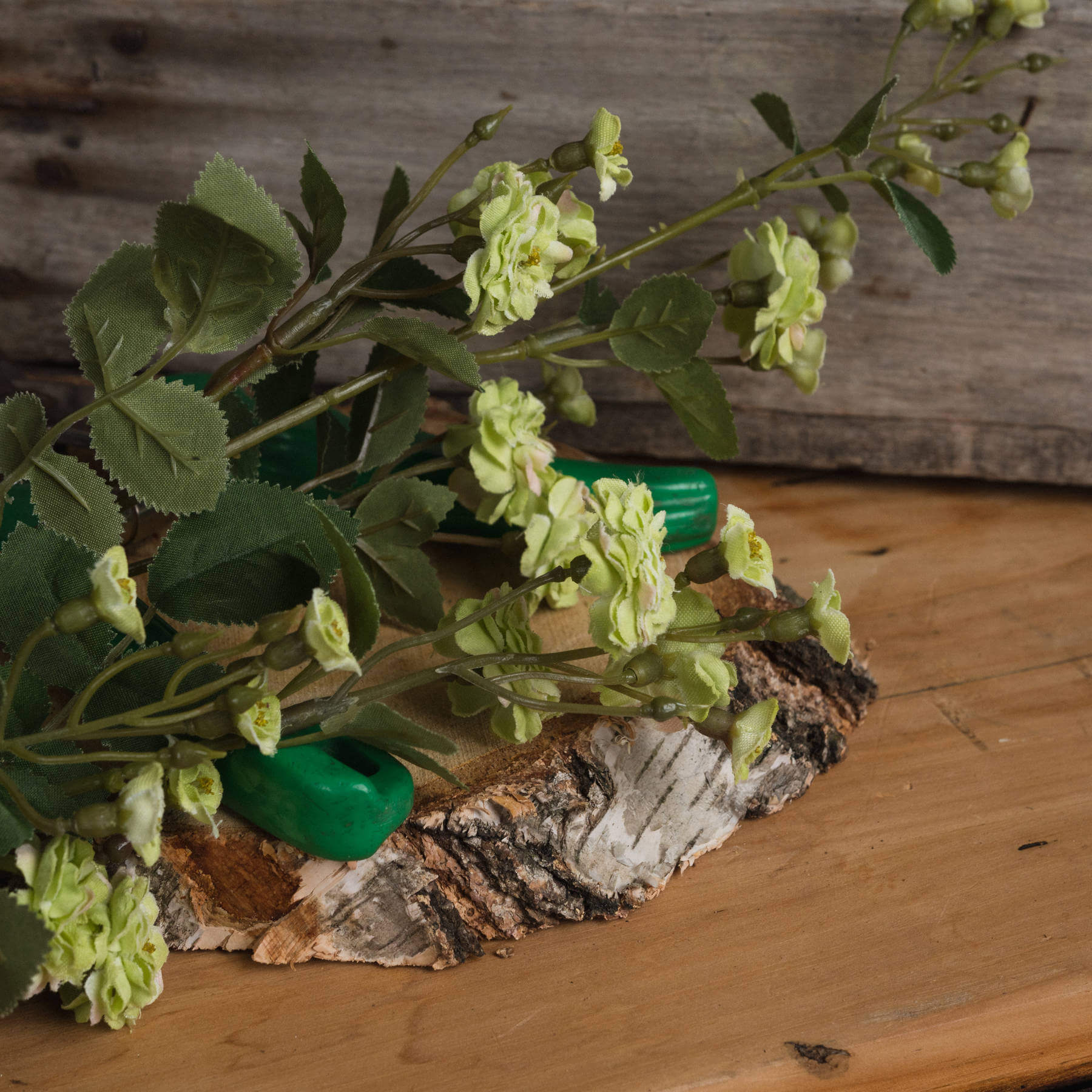 a playful close-up of a faux green meadow rose stem with dewy-looking petals