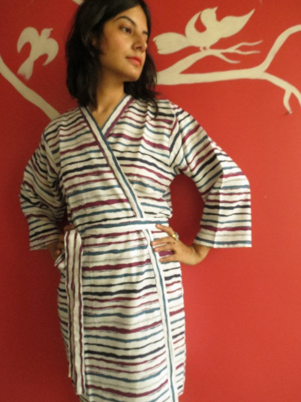 White Blue Striped Knee Length, Kimono Crossover Belted Robe-1