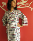 White Blue Striped Knee Length, Kimono Crossover Belted Robe-1