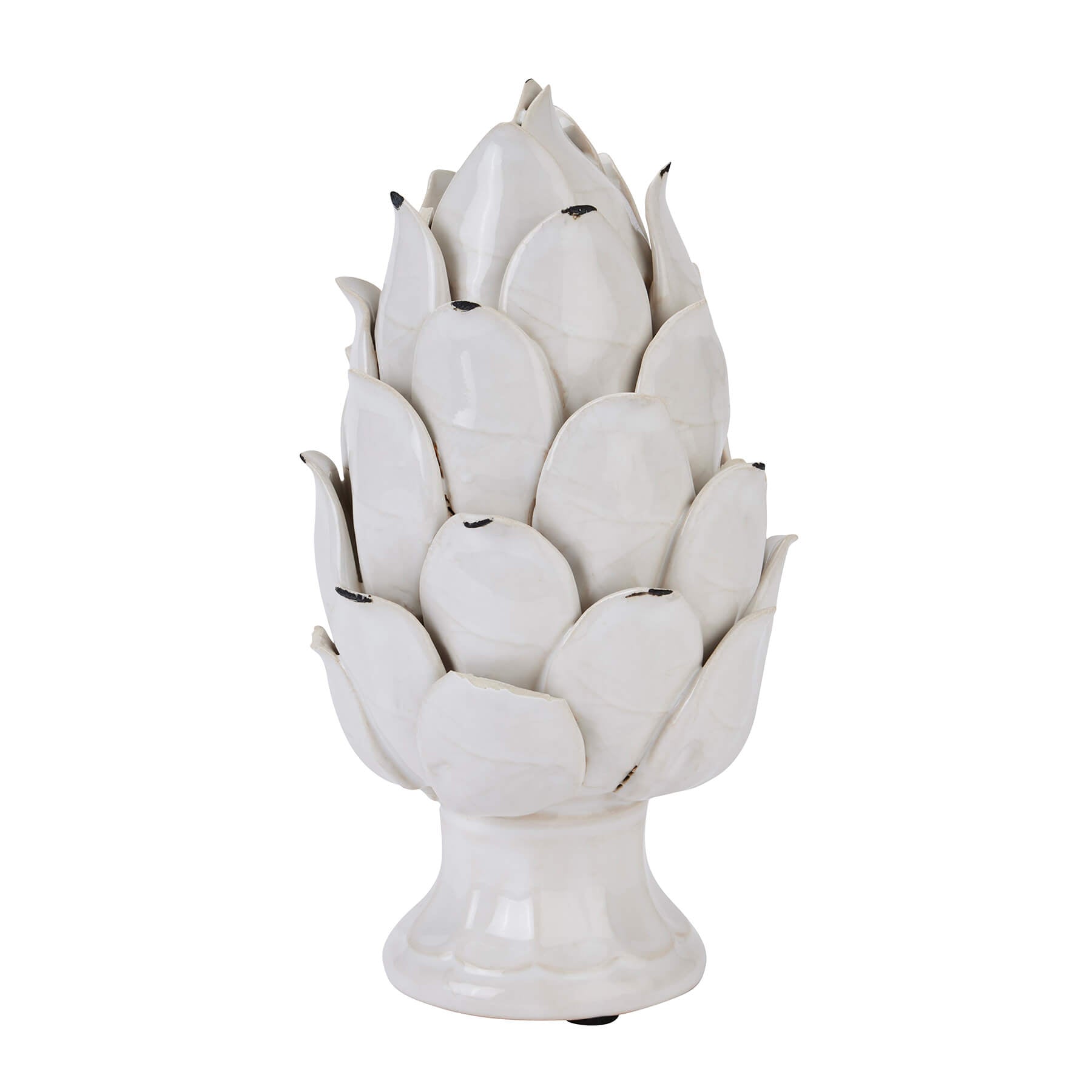 Handcrafted ceramic artichoke ornament in antique white, detailed scales, 24cm tall, Mediterranean-inspired home decor by sostter at brixbailey.com