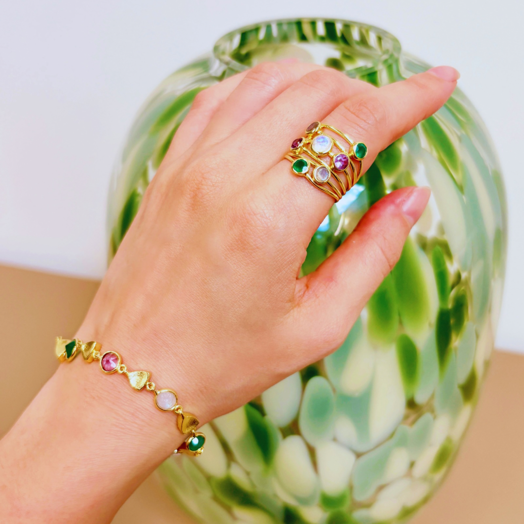 Gold Sara Mixed Gemstone Bracelet Green Onyx, Amethyst &amp; Moonstone