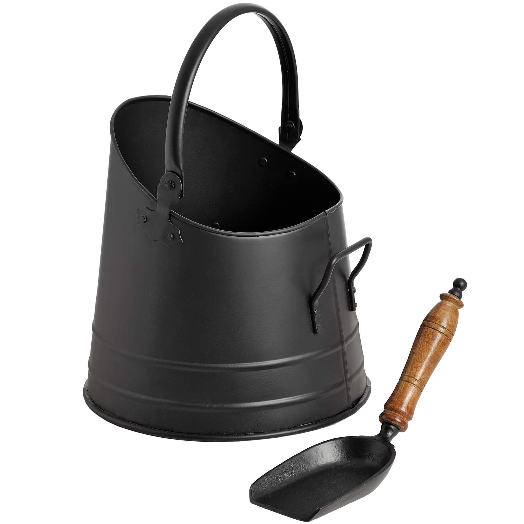 Black steel coal bucket set with wooden-handled shovel, rustic farmhouse decor, 28cm height, matte finish by sostter at brixbailey.com