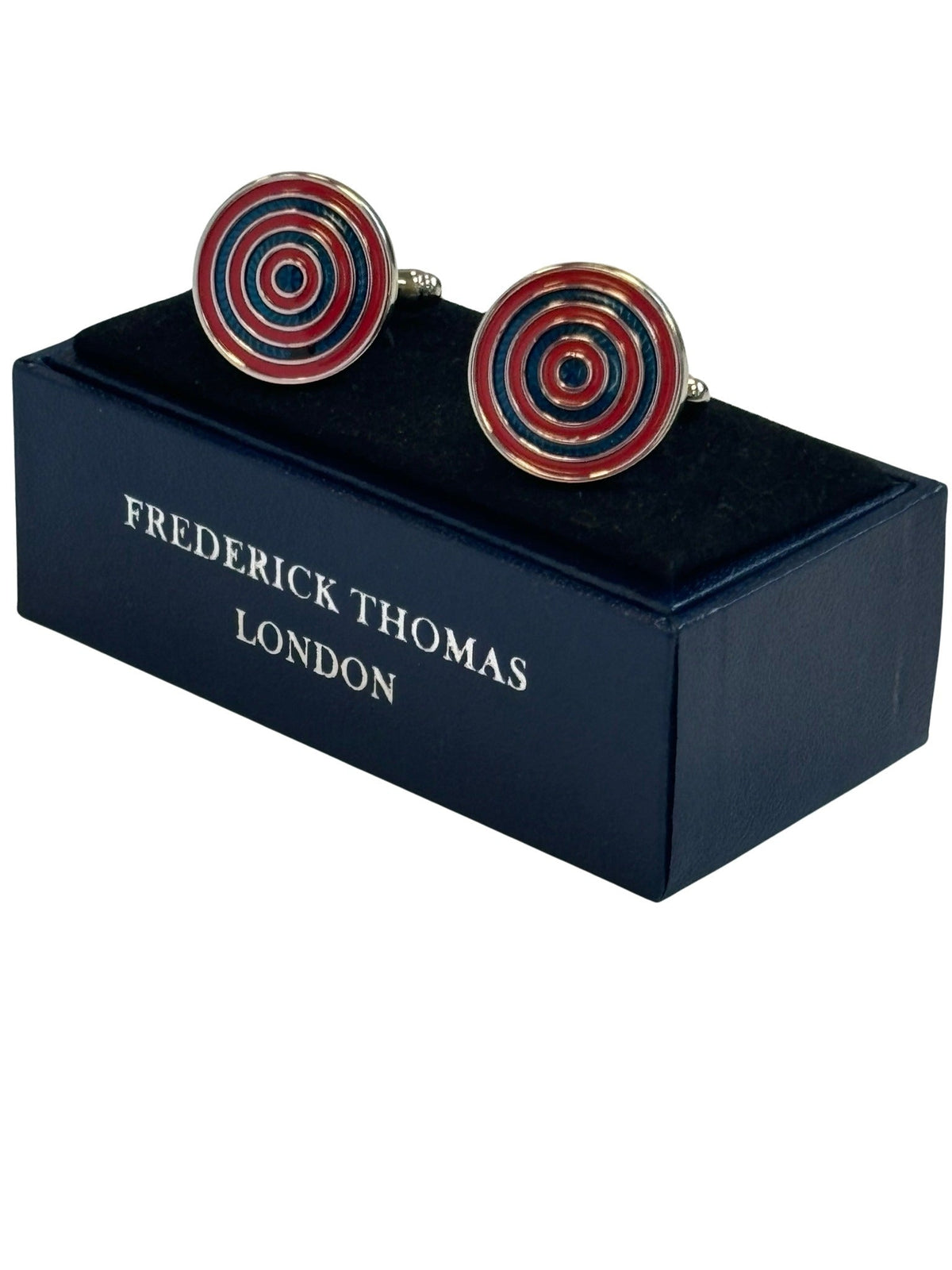 red and blue cufflinks in a  circular target design