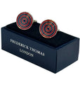 red and blue cufflinks in a  circular target design