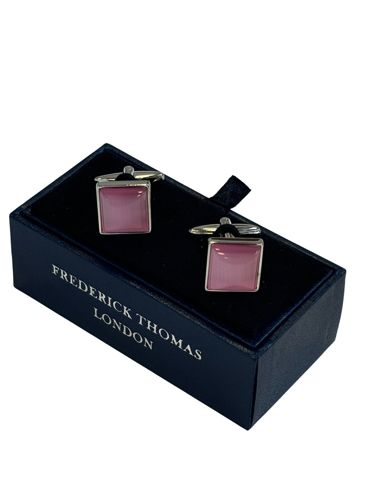 Classic silver square cufflinks with a  pale pink stone