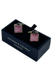 Classic silver square cufflinks with a  pale pink stone