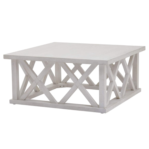 Handcrafted square coffee table with lattice design in distressed white pine, modern farmhouse style, 100cm wide. by Sostter at brixbailey.com