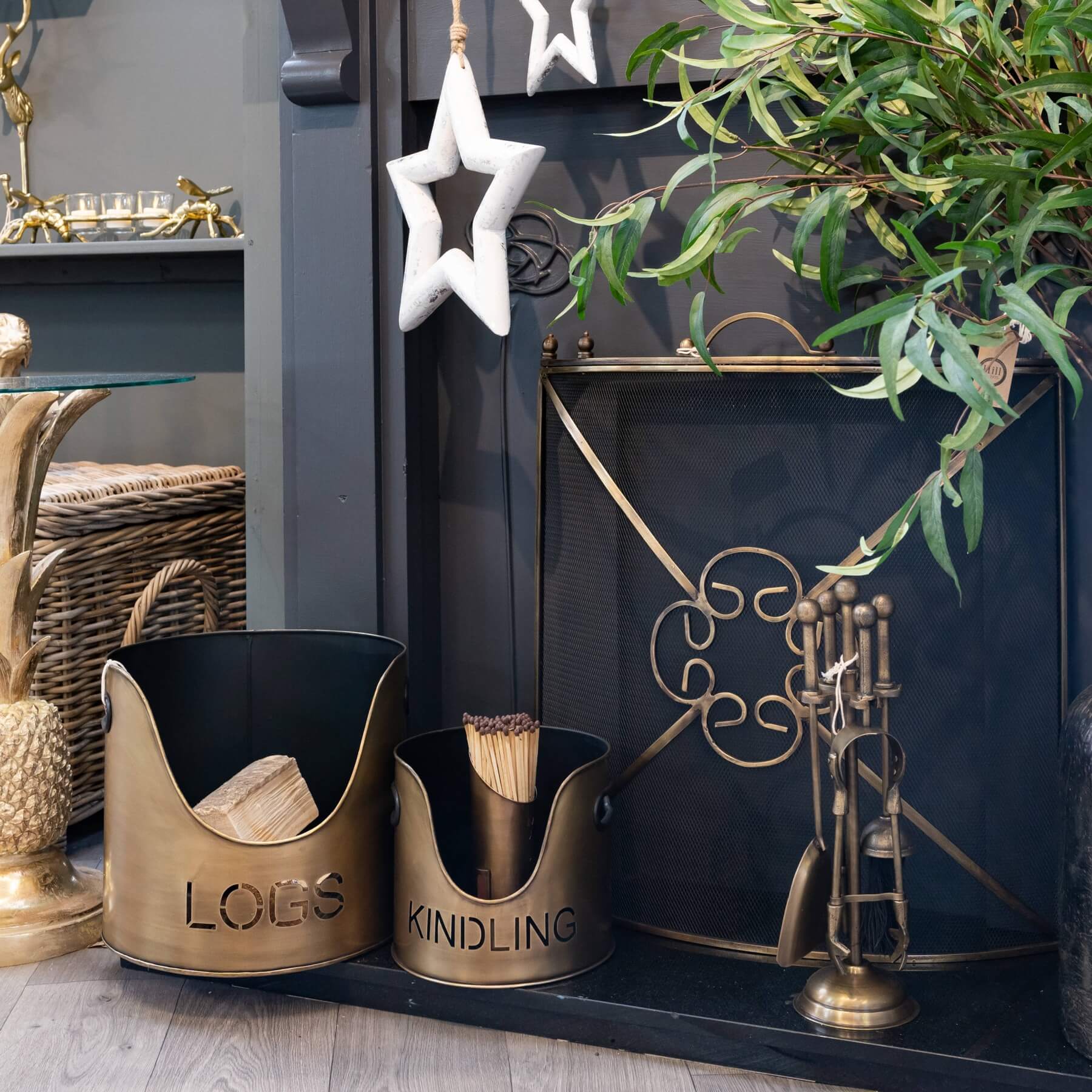 Rustic Bronze Log Bucket and Match Holder Set