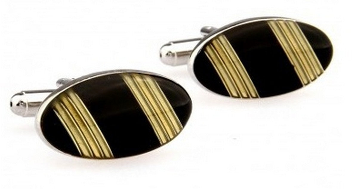 black oval cufflinks with yellow stripes