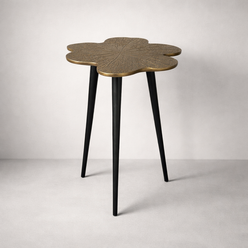 Brass Clover Side Table | Etched Top &amp; Black Iron Legs