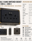 Matt Black Double Gang Plug Socket with Industrial Antique Brass Back Conduit Box