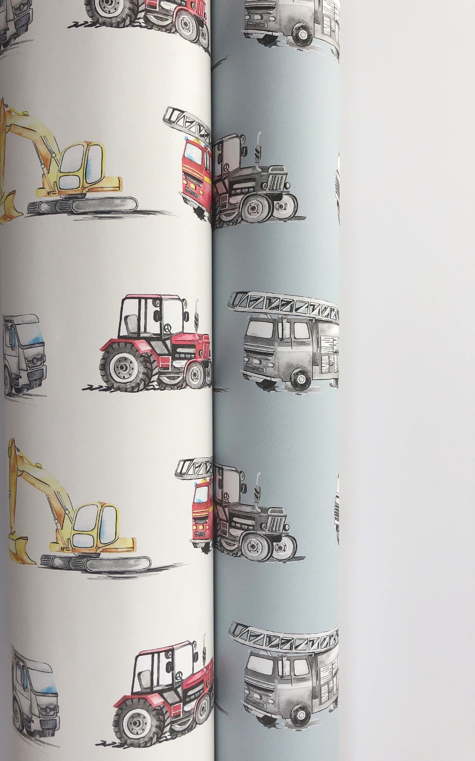 Watercolour Vehicles Wallpaper | Diggers, Fire Engines &amp; Trucks | Kids Bedroom &amp; Nursery