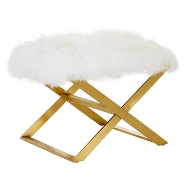 Anafi White Sheepskin Stool with Gold Finish Base
