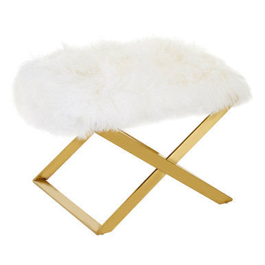 Anafi White Sheepskin Stool with Gold Finish Base