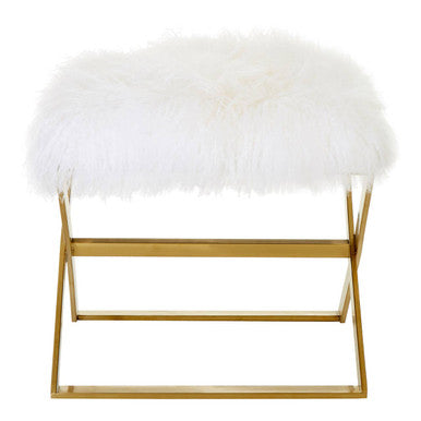 Anafi White Sheepskin Stool with Gold Finish Base