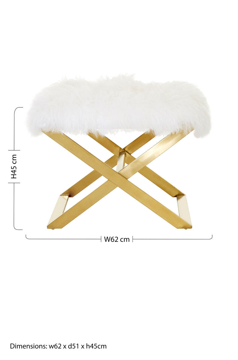 Anafi White Sheepskin Stool with Gold Finish Base