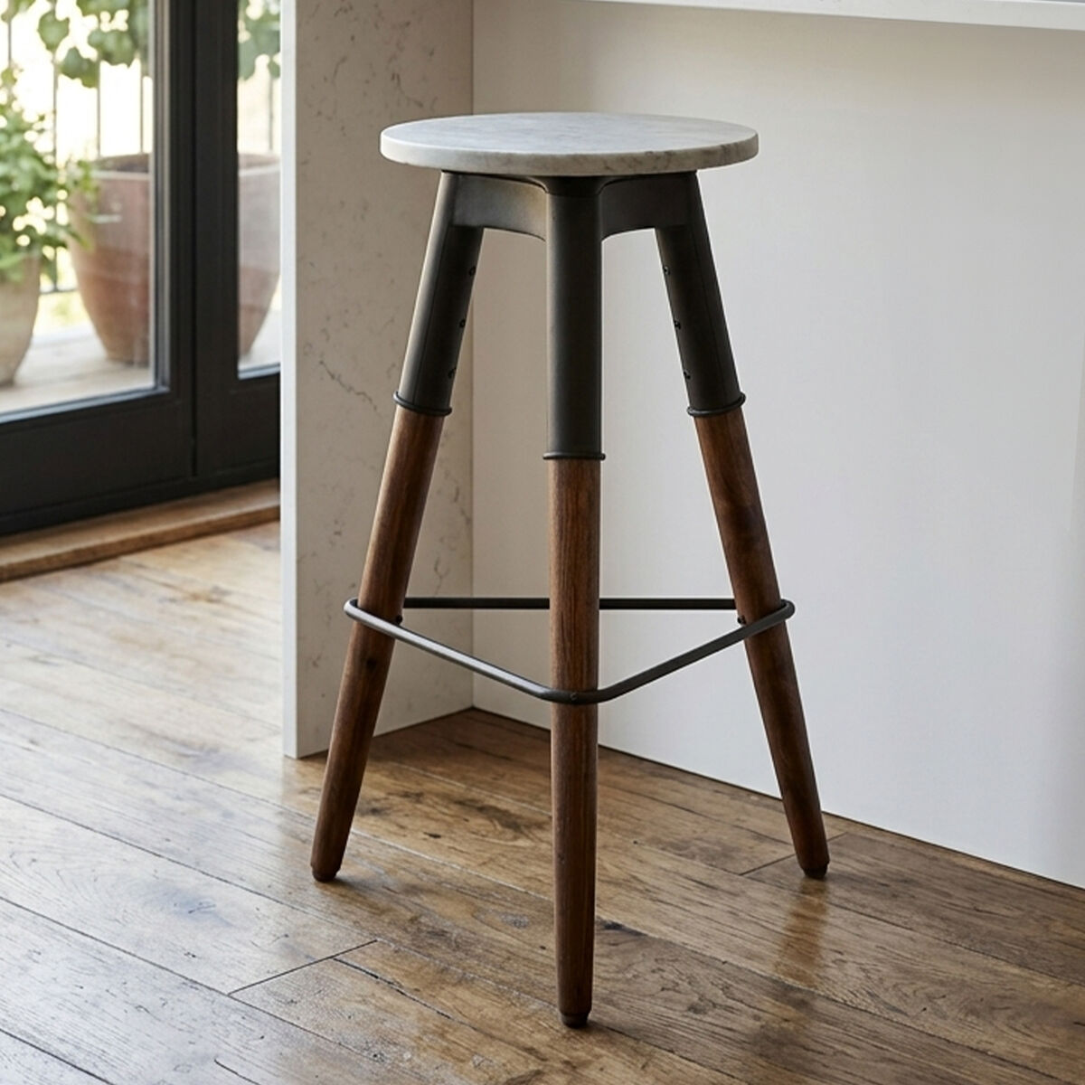 Vasco White Marble and Wood Bar Stool