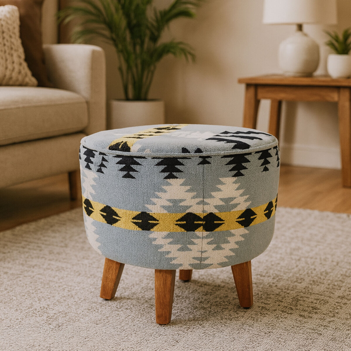 Cefena Kilim Style Footstool With Mango Wood Legs