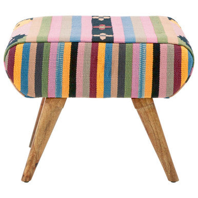 Cefena Multi Coloured Fabric Footstool with Mango Wood Legs