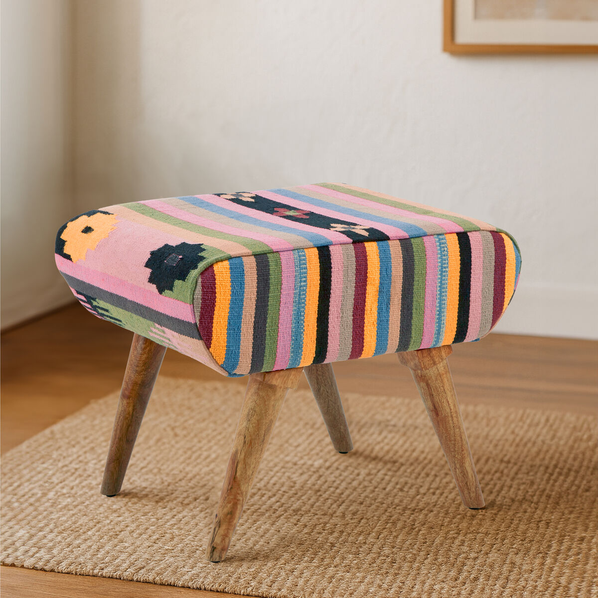 Cefena Multi Coloured Fabric Footstool with Mango Wood Legs