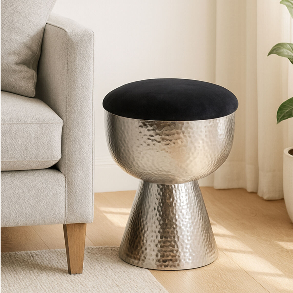 Jaipur Black Velvet Stool with Silver Finish Base