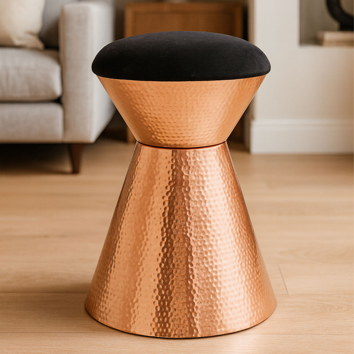 Jaipur Black Velvet Stool with Copper Finish Base
