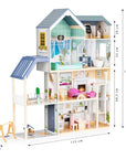 practical view of the wooden dollhouse showing its full 138.5 cm height and detailed furniture layout