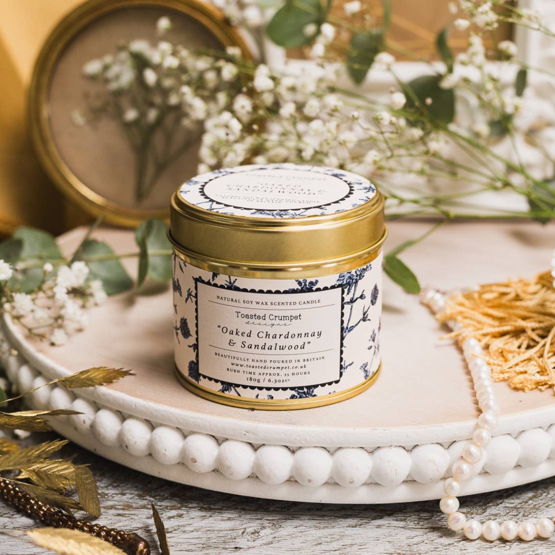 Oaked Chardonnay &amp; Sandalwood Candle in a Matt Gold Tin