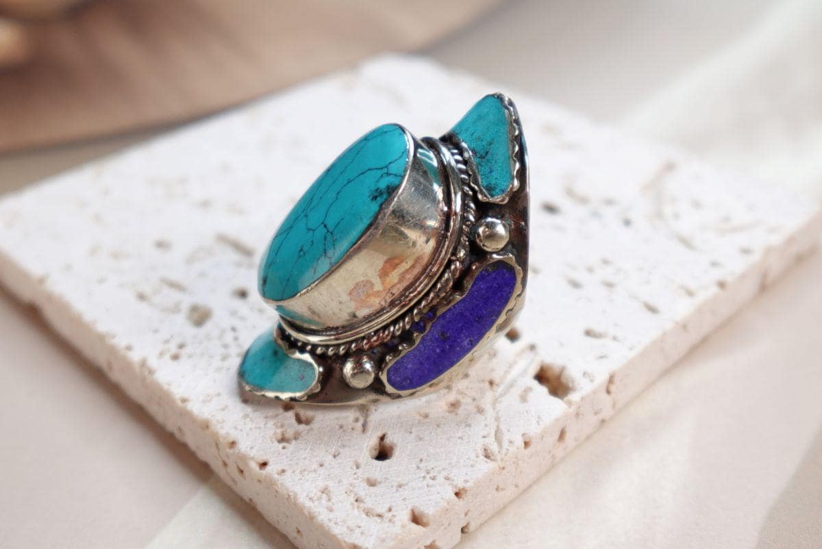 Tibetan Silver Mosaic Ring – Turquoise, Coral, Amber &amp; Lapis