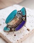 Tibetan Silver Mosaic Ring – Turquoise, Coral, Amber & Lapis