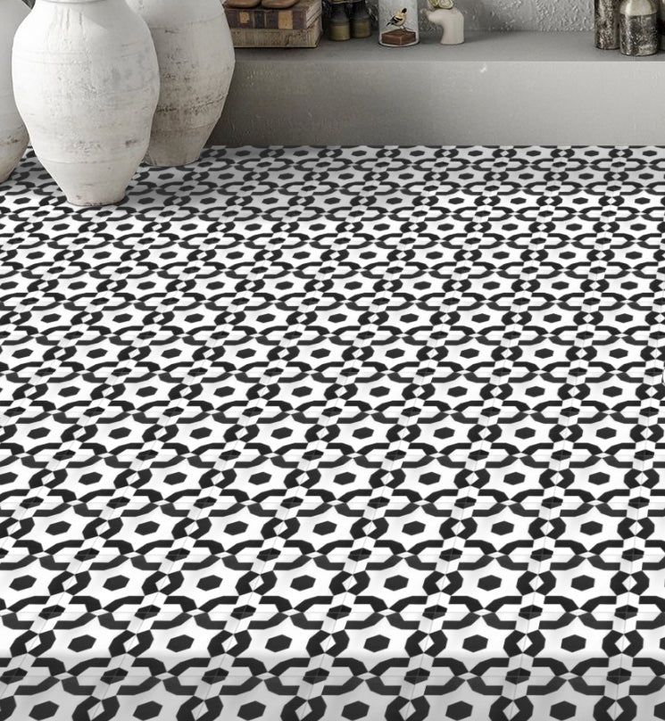 FAIZA black and white porcelain floor and wall tiles, luxury modern Moroccan pattern, anti-slip outdoor and indoor tiles, premium handcrafted design by Maria Starling Design at brixbailey.com