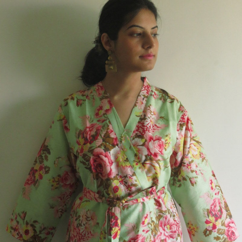 Mint Floral Knee Length, Kimono Crossover Belted Robe-0