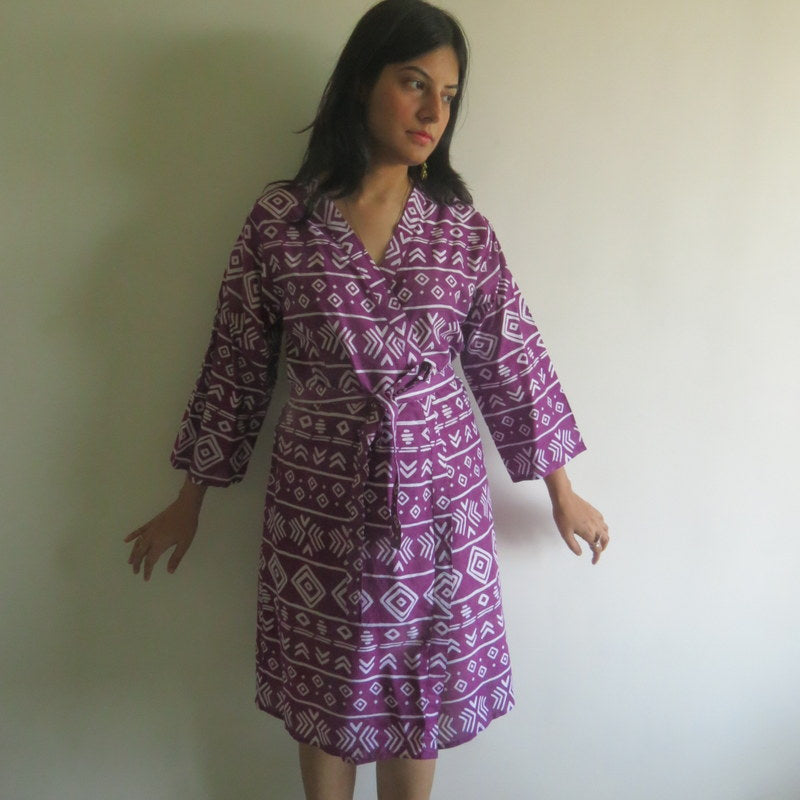 Purple Aztec Knee Length, Kimono Crossover Belted Robe-4
