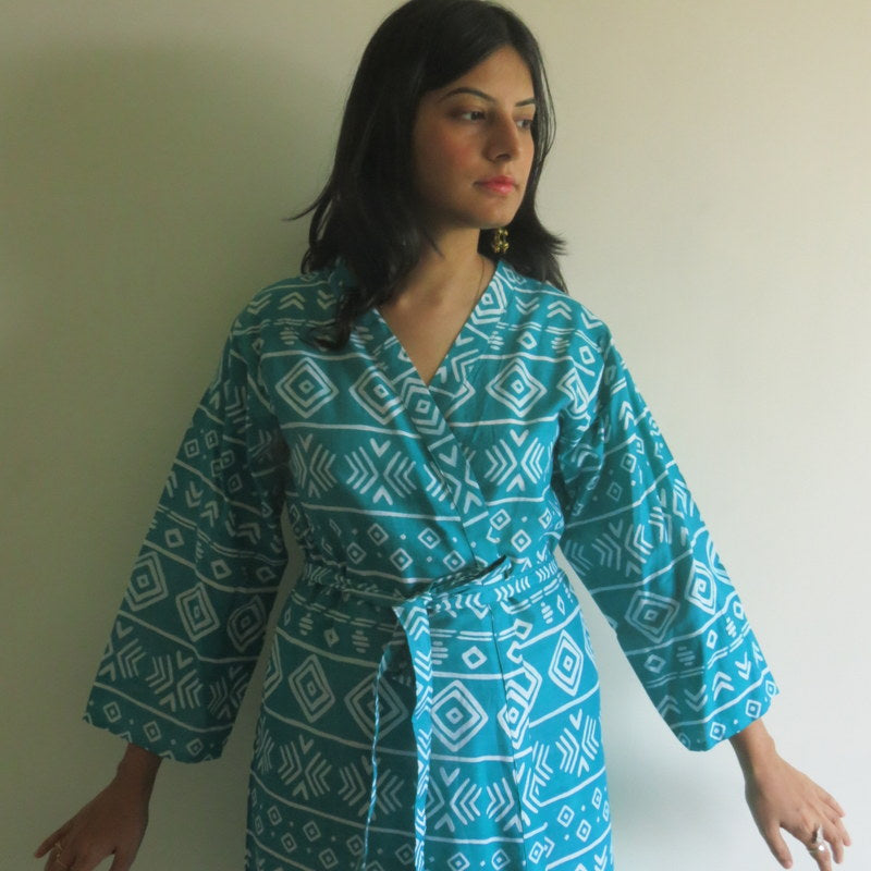 Teal Aztec Knee Length, Kimono Crossover Belted Robe-4