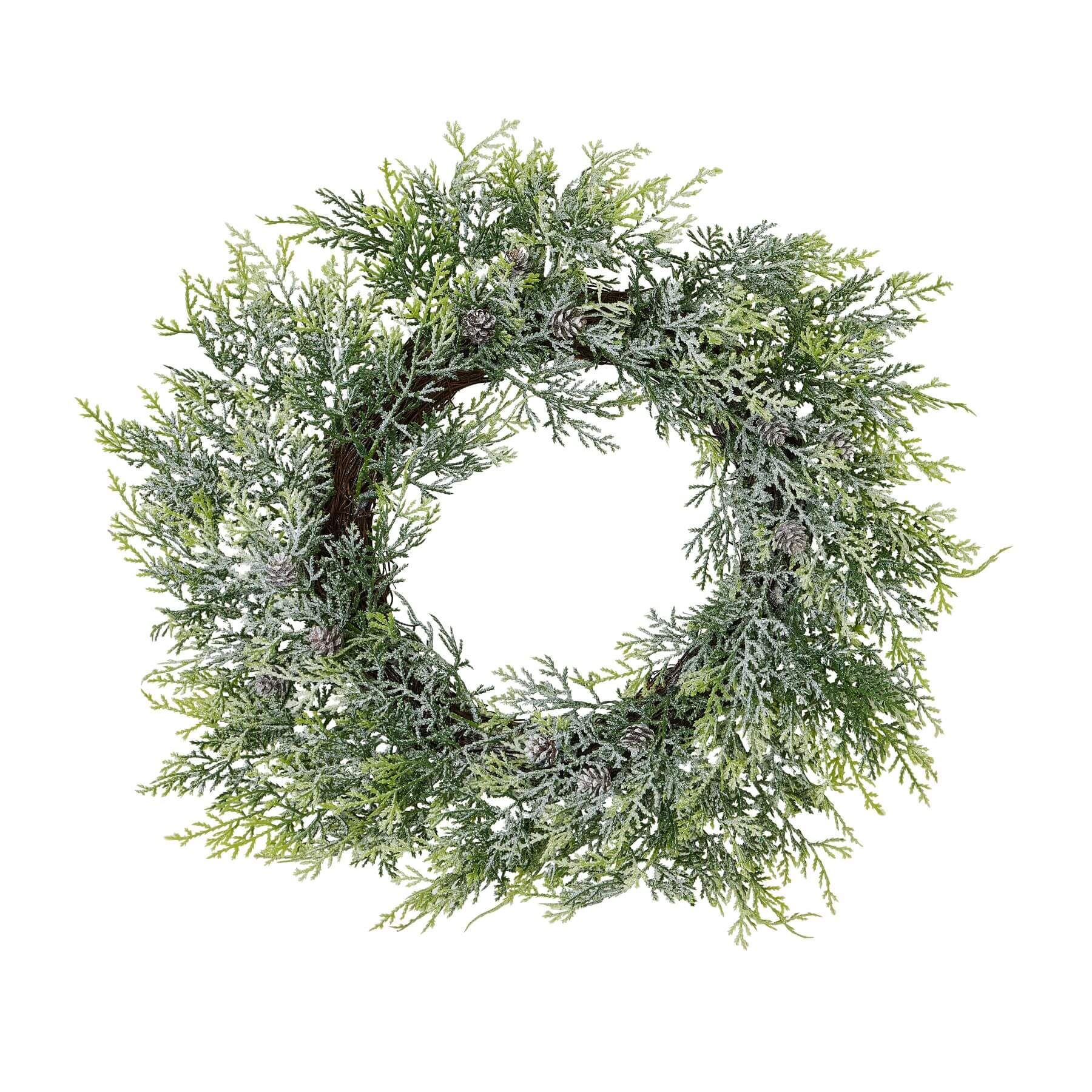 Frosted pine wreath with lifelike winter frost effect, pinecones, and elegant white-green accents, 55cm diameter. by sostter at brixbailey.com