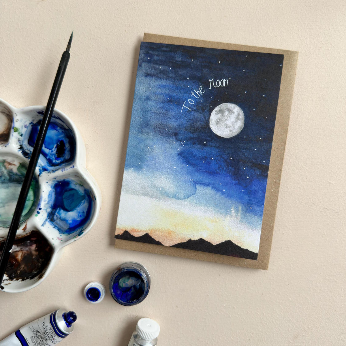 Hand-Painted Moon &amp; Stars Watercolour Greeting Card