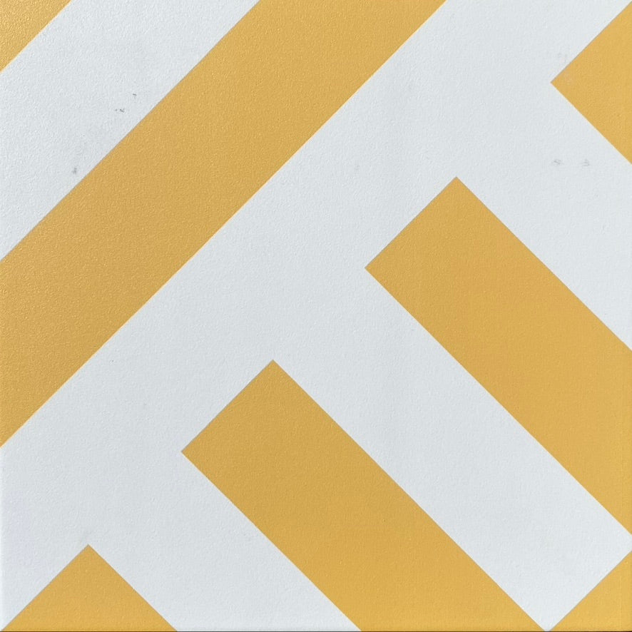 Yellow Geometric Porcelain Tile, Premium Bold Green Striped Pattern, Durable Indoor Outdoor Anti-Slip Tile, 20x20cm by Maria Starling Design at brixbailey.com